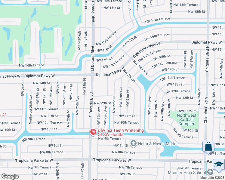 map of restaurants, bars, coffee shops, grocery stores, and more near 1230 Northwest 22nd Place in Cape Coral