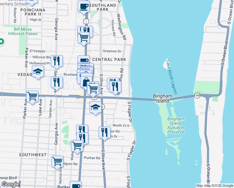 map of restaurants, bars, coffee shops, grocery stores, and more near 3905 Washington Road in West Palm Beach