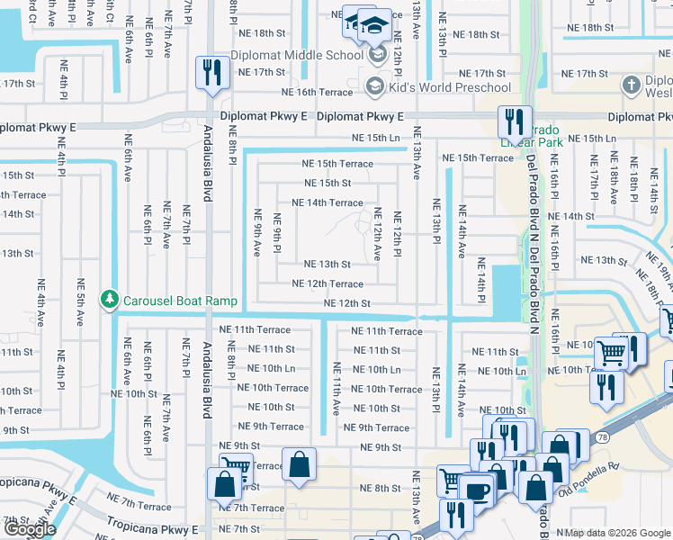 map of restaurants, bars, coffee shops, grocery stores, and more near 1030 Northeast 13th Street in Cape Coral