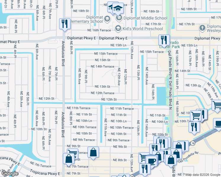 map of restaurants, bars, coffee shops, grocery stores, and more near 1110 Northeast 13th Street in Cape Coral