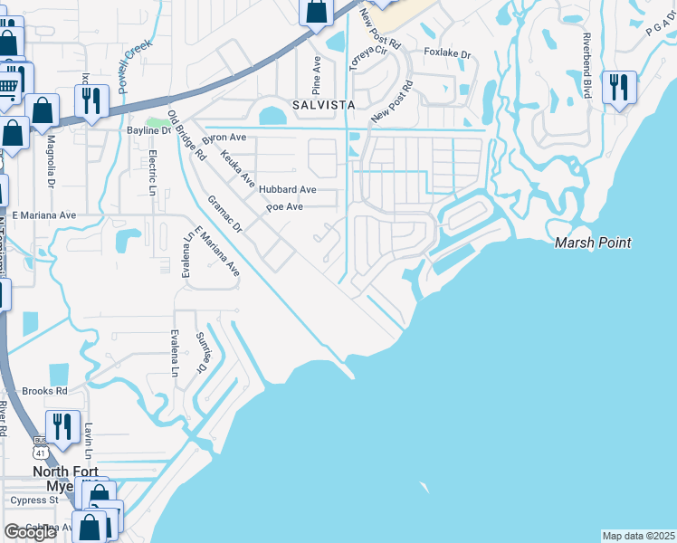 map of restaurants, bars, coffee shops, grocery stores, and more near 1108 Old Bridge Road in North Fort Myers