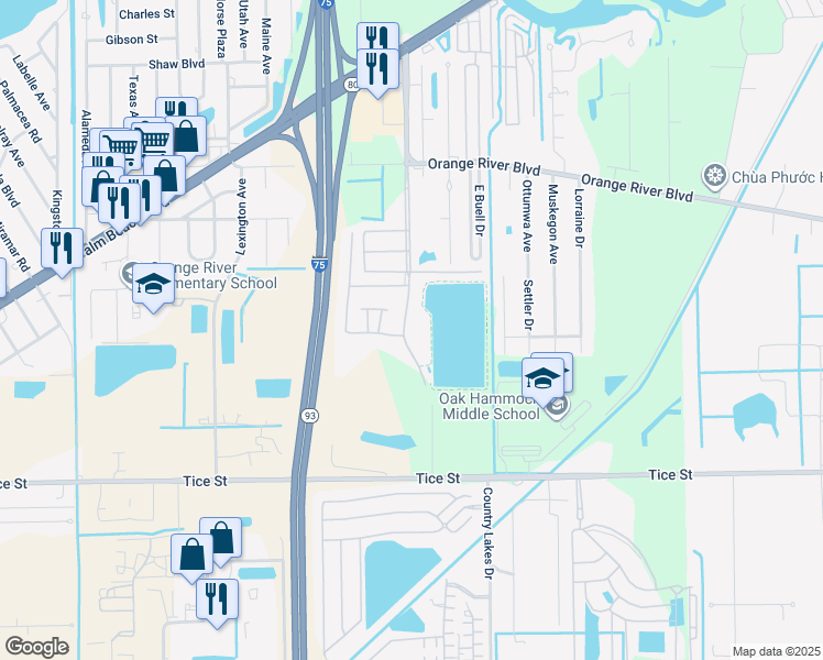 map of restaurants, bars, coffee shops, grocery stores, and more near 4721 Lakeside Club Boulevard in Fort Myers