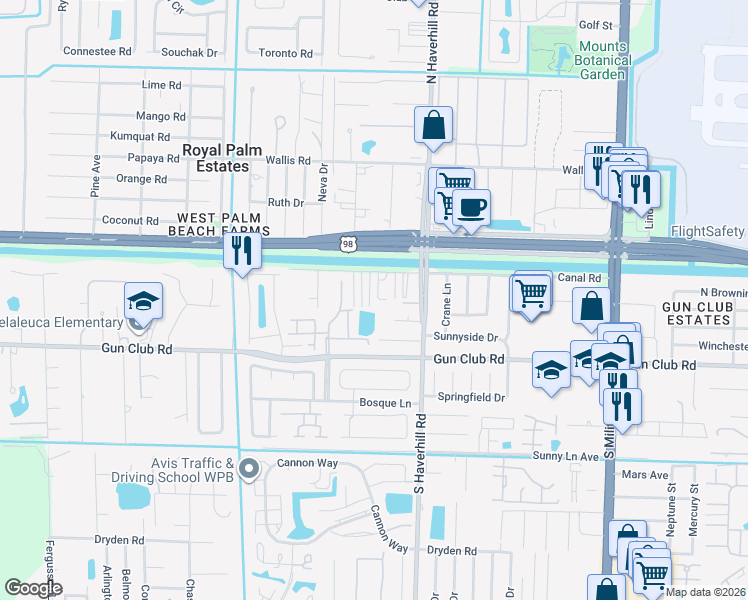 map of restaurants, bars, coffee shops, grocery stores, and more near 104 Gondola Drive in West Palm Beach