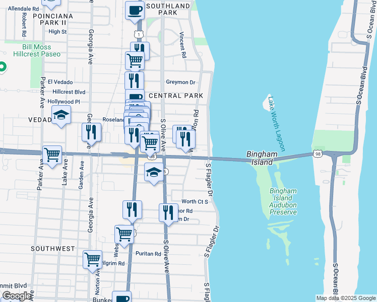map of restaurants, bars, coffee shops, grocery stores, and more near 3905 Washington Road in West Palm Beach