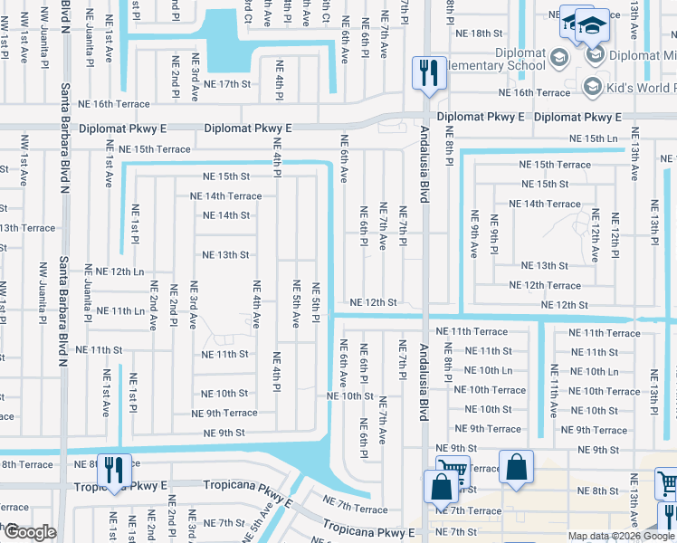 map of restaurants, bars, coffee shops, grocery stores, and more near 1222 Northeast 6th Avenue in Cape Coral