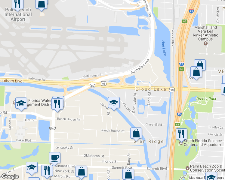 map of restaurants, bars, coffee shops, grocery stores, and more near 1660 Southern Boulevard in West Palm Beach