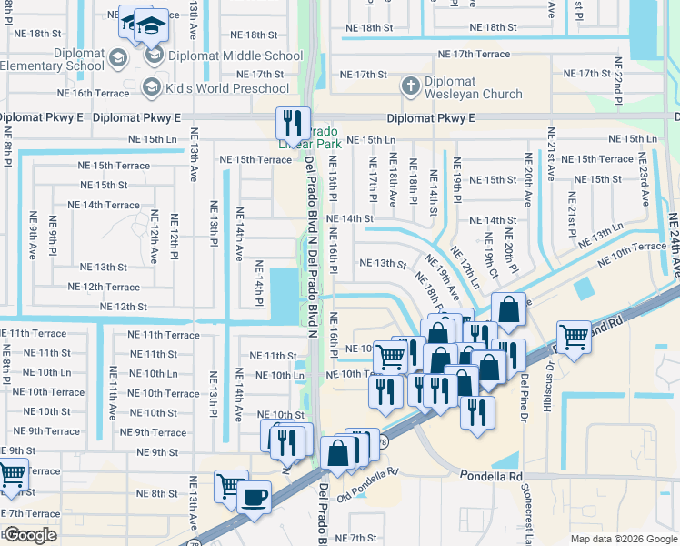 map of restaurants, bars, coffee shops, grocery stores, and more near 1227 Northeast 16th Place in Cape Coral