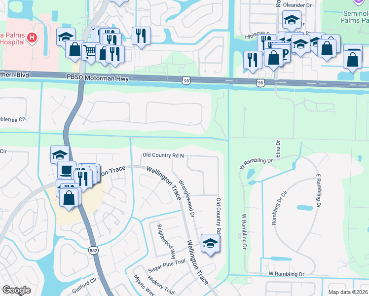 map of restaurants, bars, coffee shops, grocery stores, and more near 12189 Old Country Road in Wellington