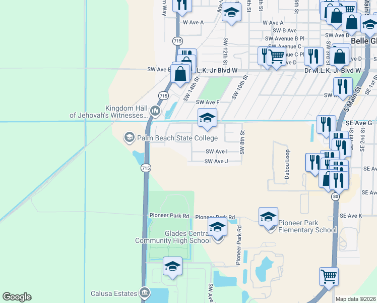 map of restaurants, bars, coffee shops, grocery stores, and more near 832 Southwest 12th Street in Belle Glade