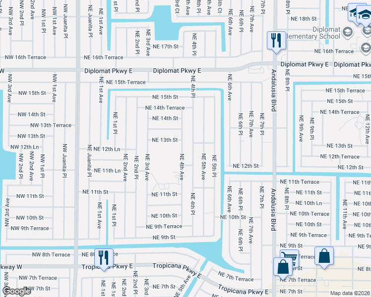 map of restaurants, bars, coffee shops, grocery stores, and more near 1220 Northeast 4th Place in Cape Coral