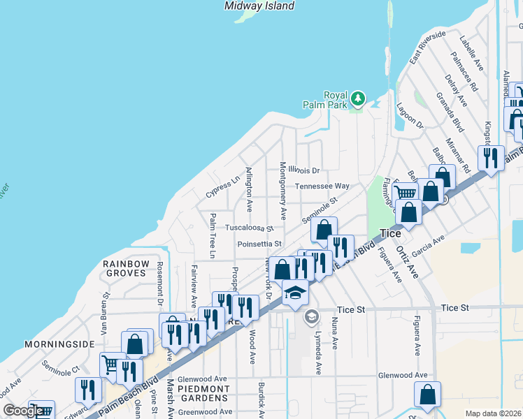 map of restaurants, bars, coffee shops, grocery stores, and more near 357 Arlington Avenue in Fort Myers