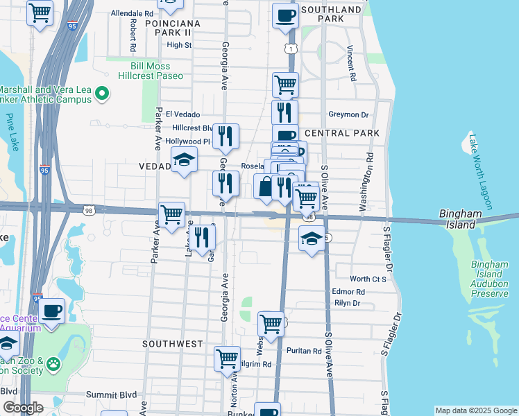 map of restaurants, bars, coffee shops, grocery stores, and more near 435 Southern Boulevard in West Palm Beach