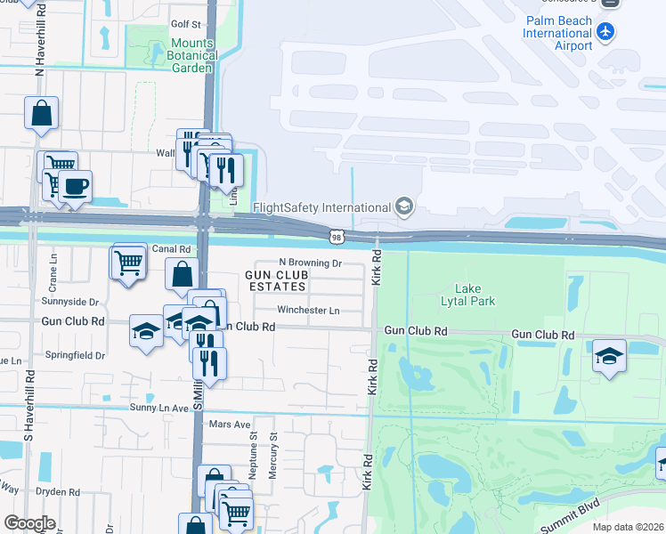 map of restaurants, bars, coffee shops, grocery stores, and more near 4122 North Browning Drive in West Palm Beach