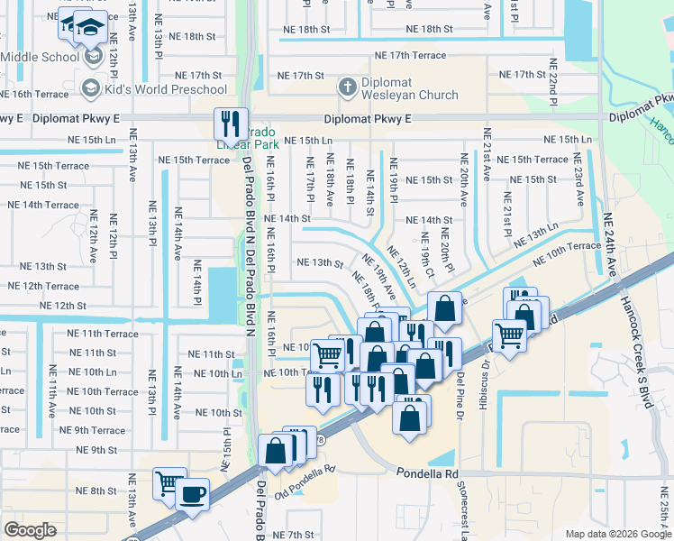 map of restaurants, bars, coffee shops, grocery stores, and more near 1734 Northeast 13th Street in Cape Coral