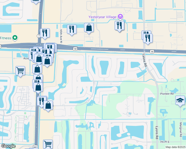 map of restaurants, bars, coffee shops, grocery stores, and more near 198 Palm Beach Plantation Boulevard in Royal Palm Beach