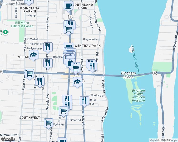 map of restaurants, bars, coffee shops, grocery stores, and more near in West Palm Beach