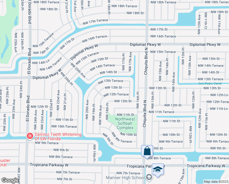 map of restaurants, bars, coffee shops, grocery stores, and more near 1731 Northwest 12th Terrace in Cape Coral