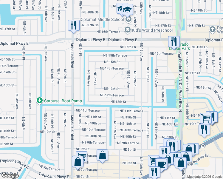 map of restaurants, bars, coffee shops, grocery stores, and more near 1030 Northeast 13th Street in Cape Coral