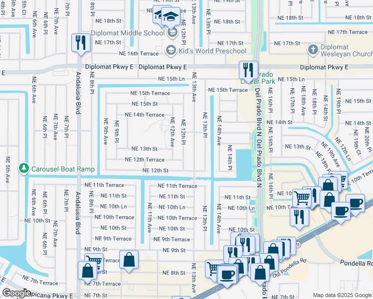 map of restaurants, bars, coffee shops, grocery stores, and more near 1227 Northeast 12th Place in Cape Coral