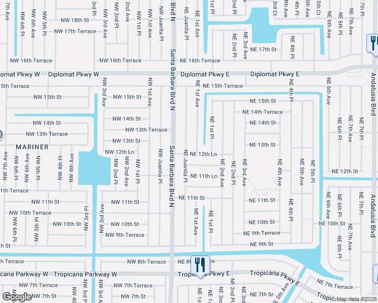 map of restaurants, bars, coffee shops, grocery stores, and more near 1210 Northeast Juanita Place in Cape Coral