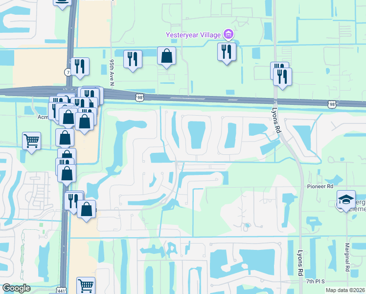 map of restaurants, bars, coffee shops, grocery stores, and more near 485 Mulberry Grove Road in Royal Palm Beach