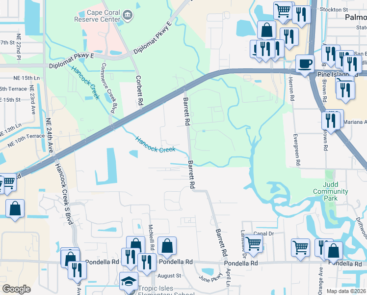 map of restaurants, bars, coffee shops, grocery stores, and more near 1337 Barrett Road in North Fort Myers
