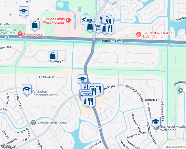 map of restaurants, bars, coffee shops, grocery stores, and more near 12765 Timber Pine Trail in Wellington