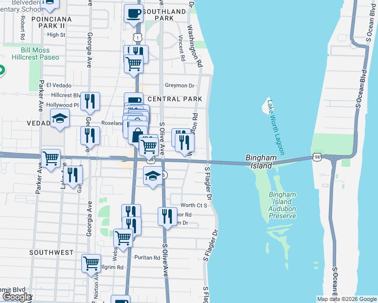map of restaurants, bars, coffee shops, grocery stores, and more near in West Palm Beach