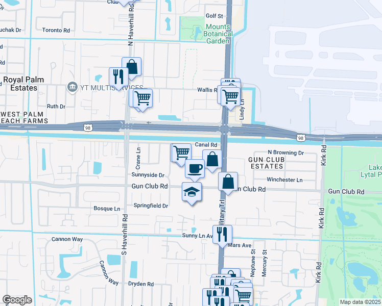 map of restaurants, bars, coffee shops, grocery stores, and more near 4680 Sunset Lane in West Palm Beach