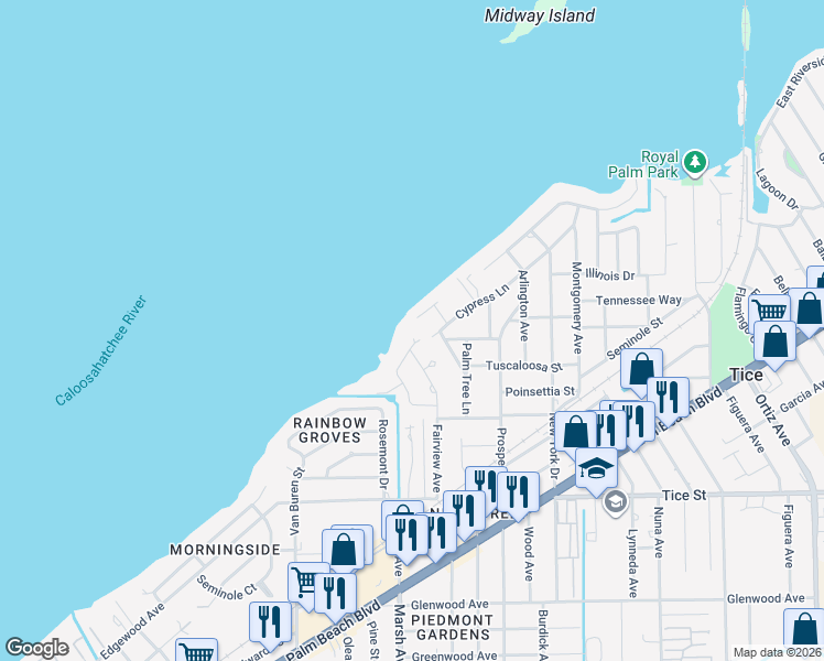 map of restaurants, bars, coffee shops, grocery stores, and more near 105 Fairview Avenue in Fort Myers