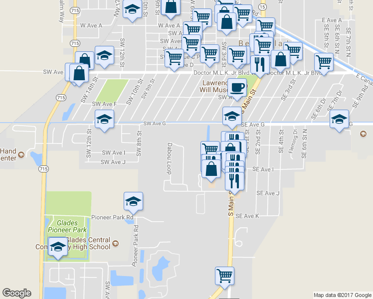 map of restaurants, bars, coffee shops, grocery stores, and more near 177 Dabou Loop in Belle Glade
