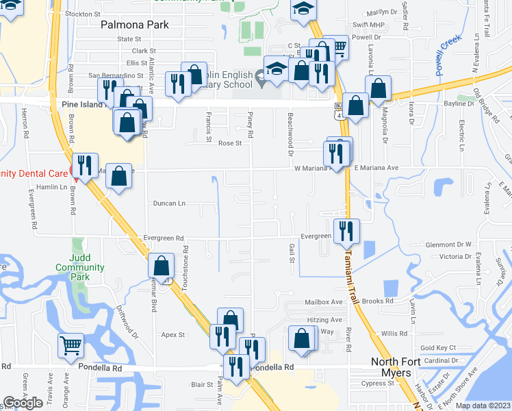 map of restaurants, bars, coffee shops, grocery stores, and more near 1467 Piney Road in North Fort Myers