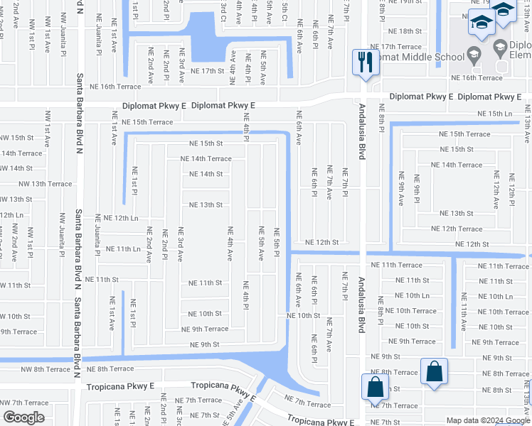 map of restaurants, bars, coffee shops, grocery stores, and more near 1229 Northeast 5th Avenue in Cape Coral