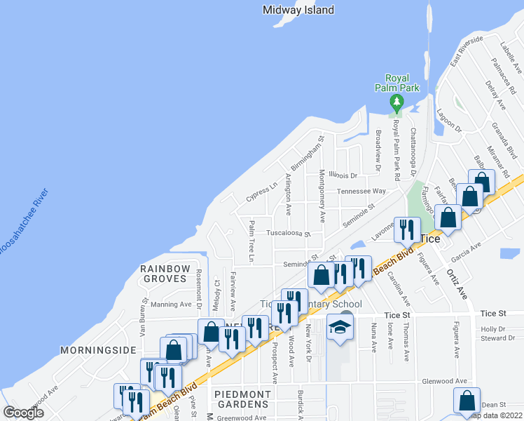map of restaurants, bars, coffee shops, grocery stores, and more near 4398 Palm Place in Fort Myers