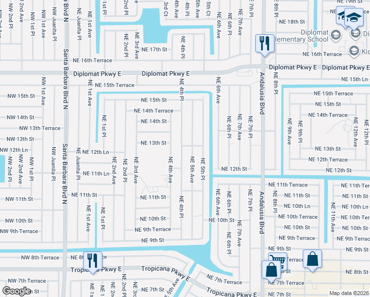 map of restaurants, bars, coffee shops, grocery stores, and more near 1220 Northeast 4th Place in Cape Coral