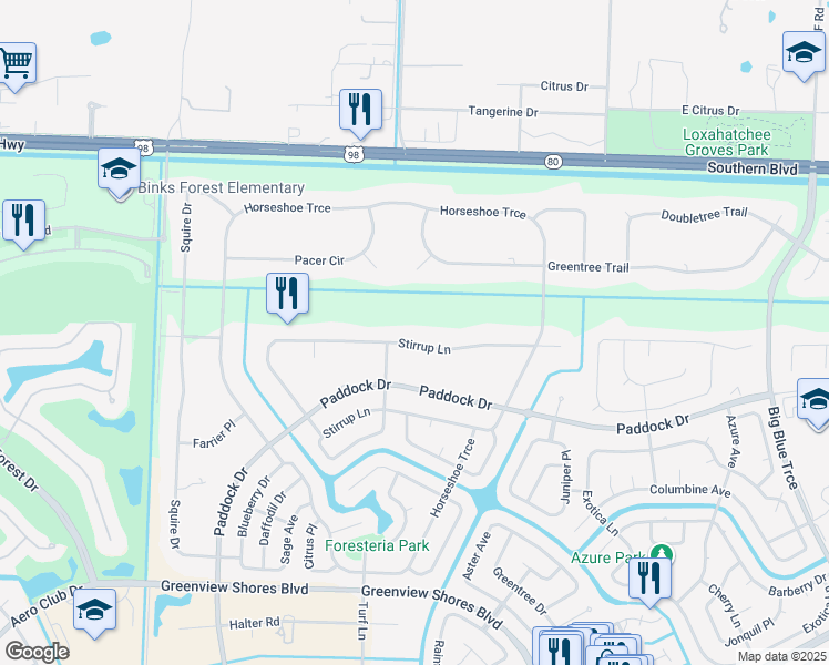 map of restaurants, bars, coffee shops, grocery stores, and more near 14816 Stirrup Lane in Wellington