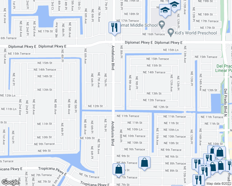 map of restaurants, bars, coffee shops, grocery stores, and more near 1227 Andalusia Boulevard in Cape Coral