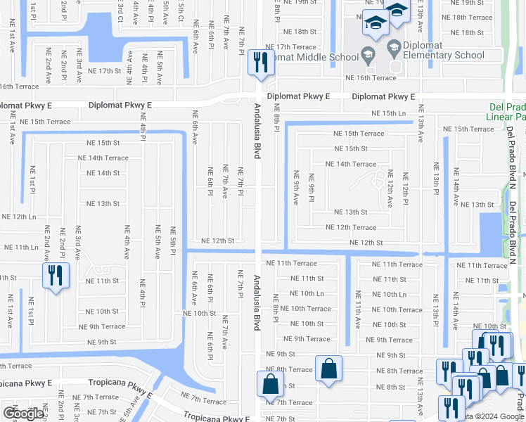 map of restaurants, bars, coffee shops, grocery stores, and more near 1301 Andalusia Boulevard in Cape Coral