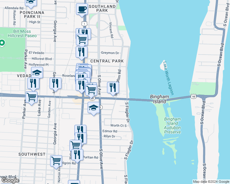 map of restaurants, bars, coffee shops, grocery stores, and more near in West Palm Beach