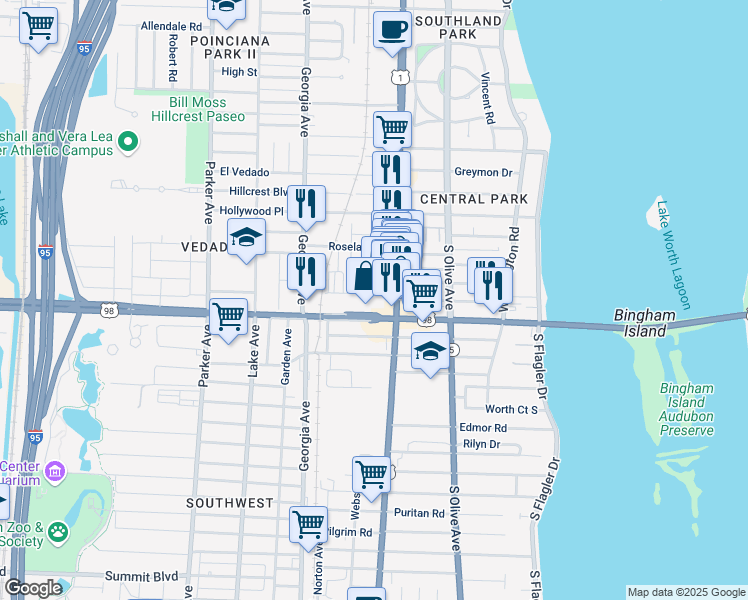 map of restaurants, bars, coffee shops, grocery stores, and more near in West Palm Beach