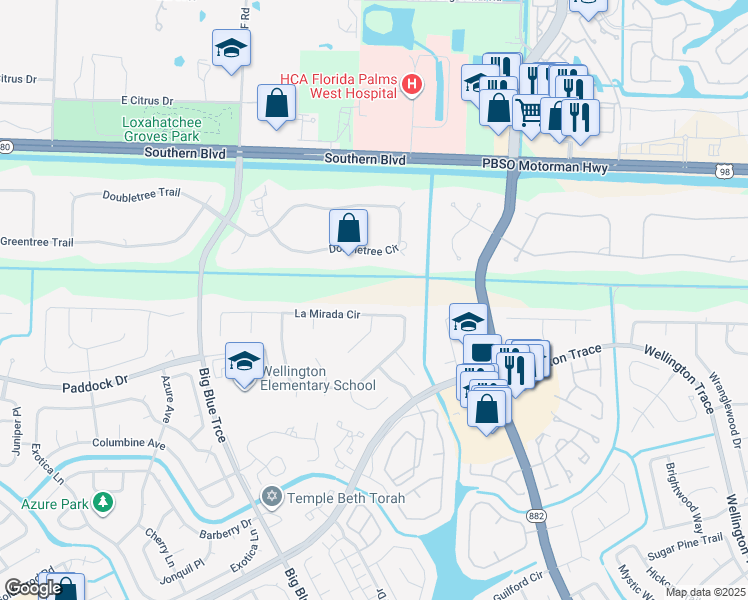 map of restaurants, bars, coffee shops, grocery stores, and more near 13325 La Mirada Circle in Wellington