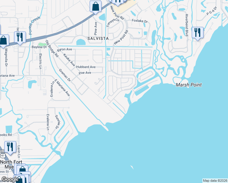 map of restaurants, bars, coffee shops, grocery stores, and more near 5737 Captain John Smith Loop in North Fort Myers