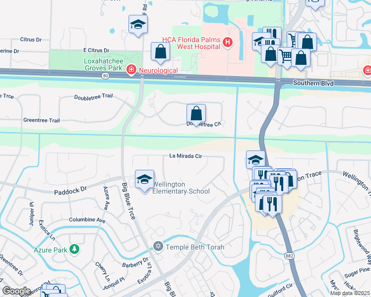 map of restaurants, bars, coffee shops, grocery stores, and more near 13373 La Mirada Circle in Wellington