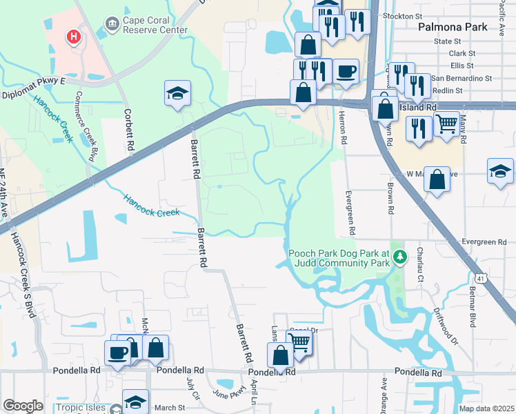 map of restaurants, bars, coffee shops, grocery stores, and more near 1314 Barrett Road in North Fort Myers