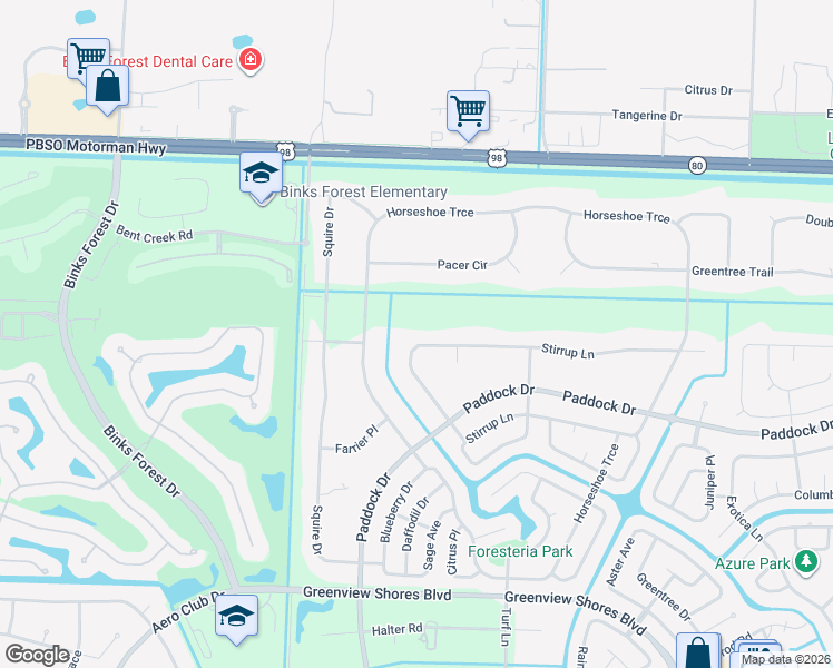 map of restaurants, bars, coffee shops, grocery stores, and more near 14708 Stirrup Lane in Wellington