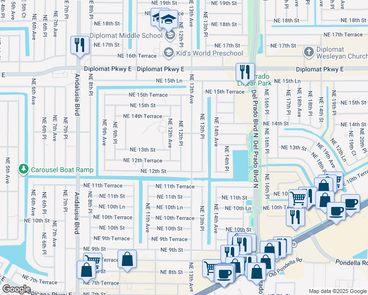 map of restaurants, bars, coffee shops, grocery stores, and more near 1223 Northeast 12th Place in Cape Coral