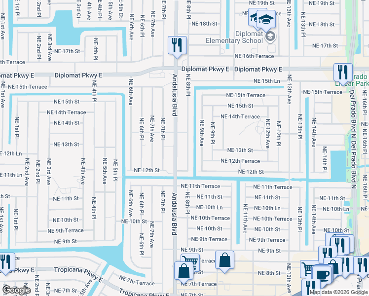 map of restaurants, bars, coffee shops, grocery stores, and more near 1302 Northeast 8th Place in Cape Coral