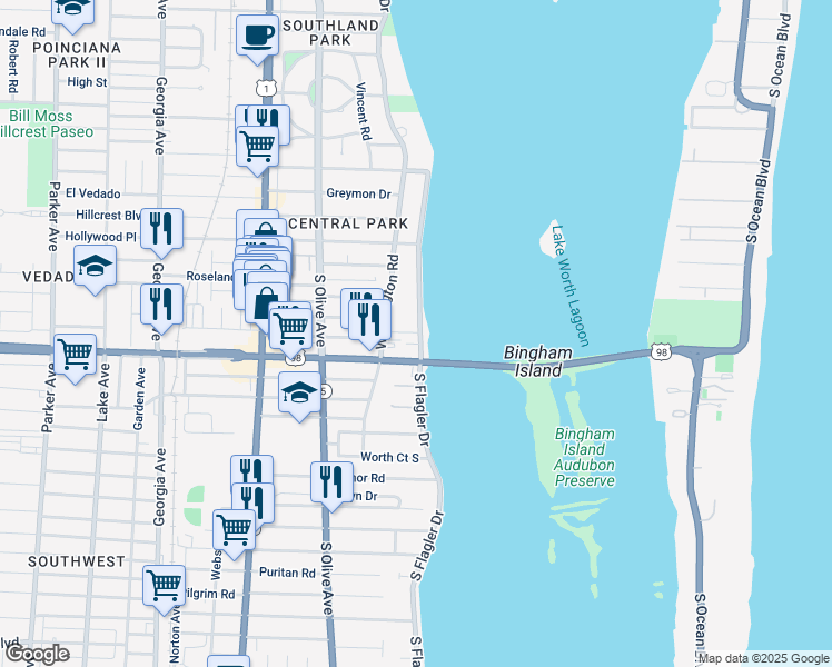 map of restaurants, bars, coffee shops, grocery stores, and more near 3907 South Flagler Drive in West Palm Beach