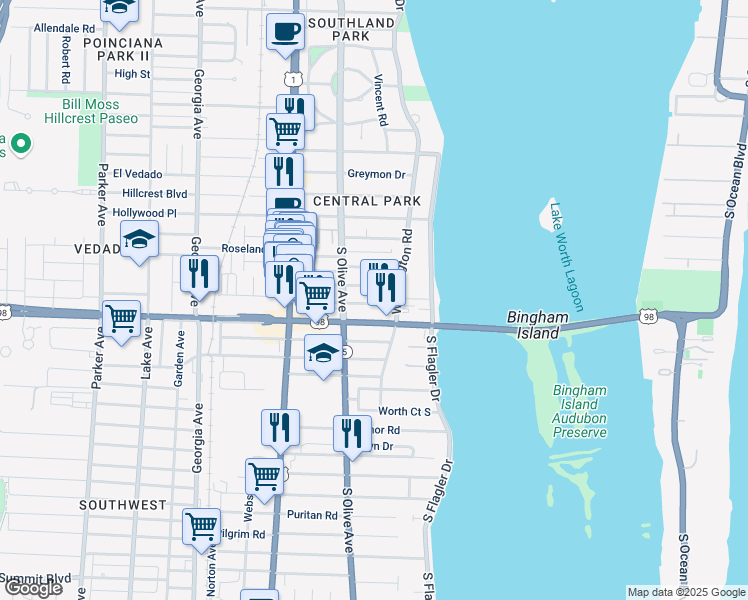 map of restaurants, bars, coffee shops, grocery stores, and more near 3905 Washington Road in West Palm Beach