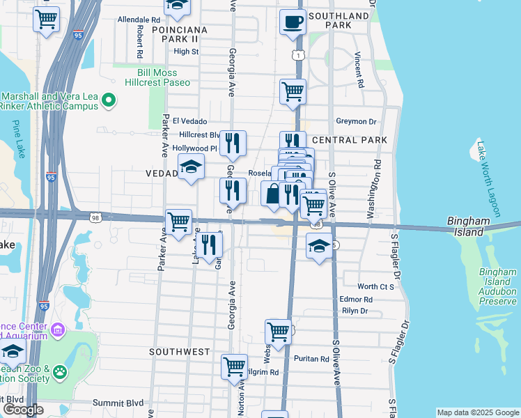 map of restaurants, bars, coffee shops, grocery stores, and more near 435 Southern Boulevard in West Palm Beach